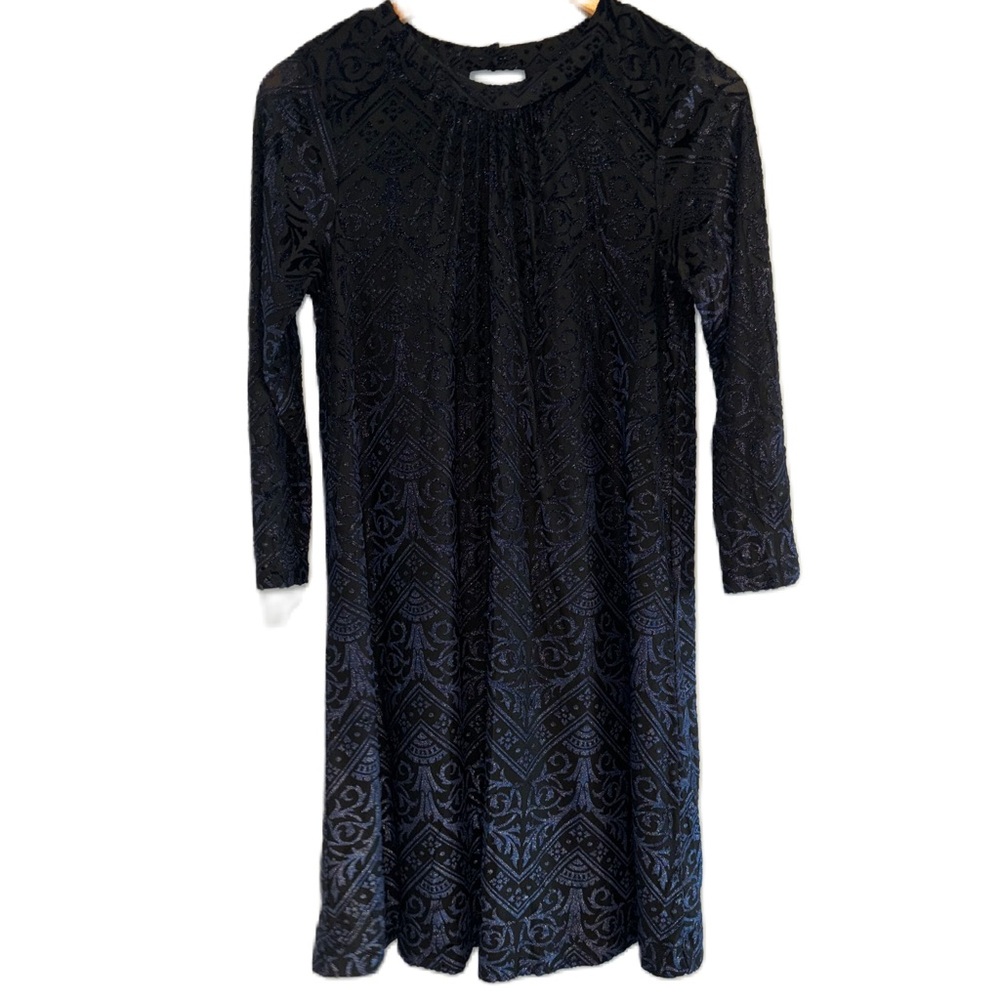 Beige by eci Blue on Black Velvet Burnout Dress Size Medium